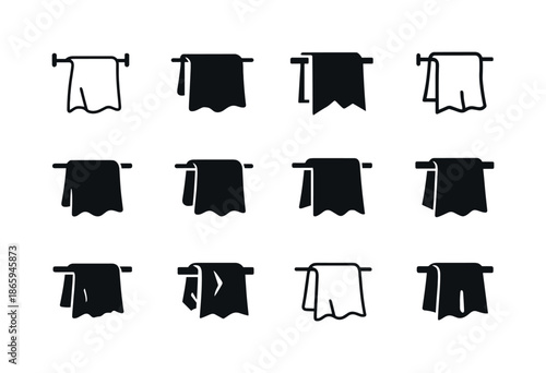 Worn Towel Logos. Worn Towel. Icon set. Set Logo of worn towel: towel draped over rail. harmonious logo variations of the same emblematic concept, each with