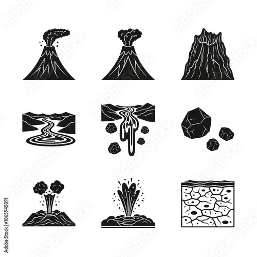 Volcanic eruption illustrations with lava flows and geological elements