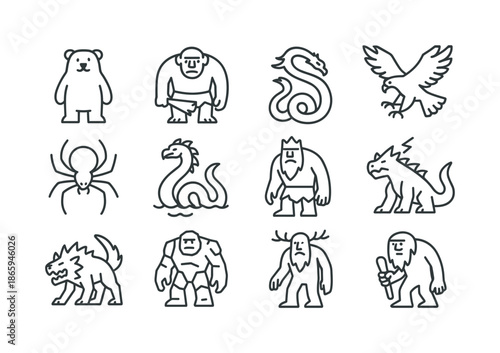 Giant Creatures Icons. Tales of giants ? Giant Creatures. Line icon set of Tales of giants ? Giant Creatures: giant bear, mountain troll, sky serpent, cliff
