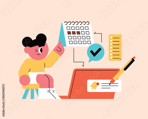 Modern flat illustration of schedule planning with calendar, checklist, and reminder icons, symbolizing productivity and task management.