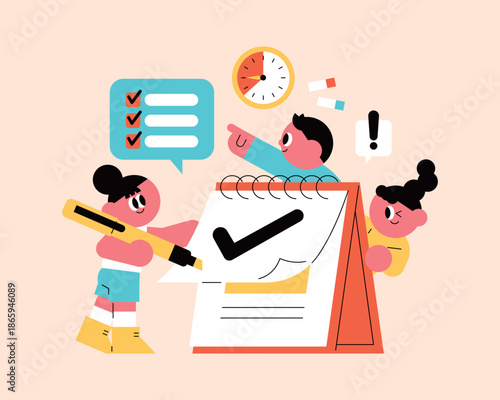 Task Management and Teamwork Concept Flat Illustration with Checklist, Planning and Productivity