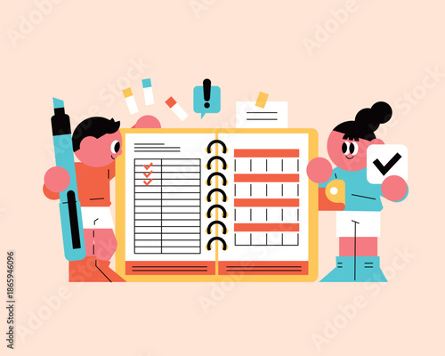 Modern flat illustration of a man and woman reviewing schedules with an open diary, check marks, and notes for planning.