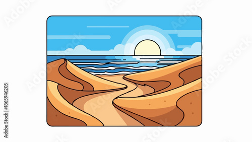 Stylized desert dunes meet ocean waves under a bright sun with clouds