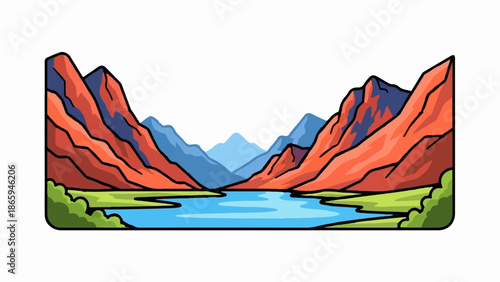 Stylized illustration of a mountain valley with a river and green foliage
