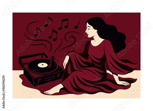 Vinyl Melody Vibes. Old vinyl elegance. Model seated beside a spinning vinyl player; music notes swirling. Loose fabric rippling with rhythmic charm. Modern
