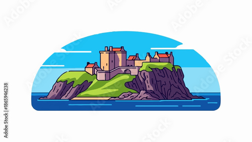 Stylized illustration of a medieval castle perched on a rocky cliff by the sea under a blue sky