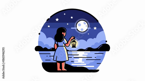 Woman holding lantern gazes at moonlit sea and starry sky