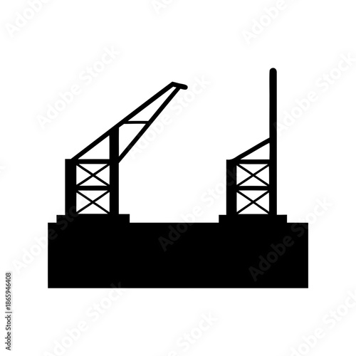 Silhouette of black dockyard cranes against a white backdrop showing loading docks