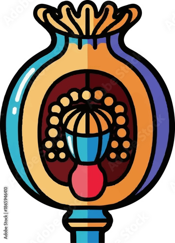 Stylized poppy seed pod with intricate detail and vibrant colors, rendered in flat graphic style