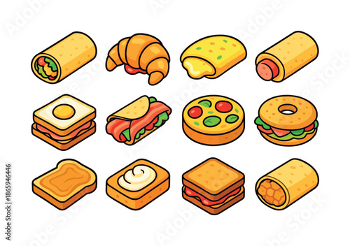 Colorful Breakfast Icons. Breakfast with fillings. Colorful isometric vector icons set of breakfast with fillings: breakfast burrito, jam-filled croissant,