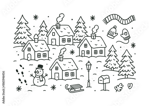Cozy Winter Village. Winter village. Hand-drawn doodle illustration winter village small houses, snowy rooftops, chimney smoke, snowman, pine trees, lamp post,