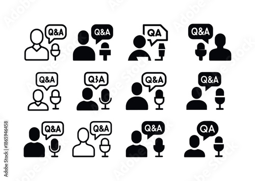 Celebrity Interview Icons. Celebrity interview. Icon set. Set Logo of celebrity interview: Q&A symbol. harmonious logo variations of the same emblematic