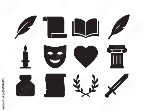 Classic Literature Icons. Classic literature. Solid icon set of Classic literature: quill, scroll, open book, feather, candle, mask, heart, column, ink bottle,