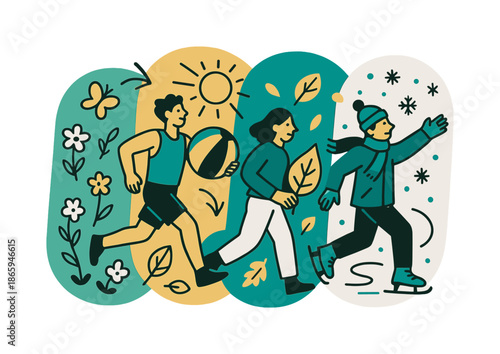 Seasonal Harmony. Seasonal blend. Four overlapping panels each depict a stylized scene from spring, summer, fall, and winter. Color flow unifies the natural