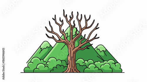 Stylized bare tree stands before verdant, rolling hills and lush green bushes