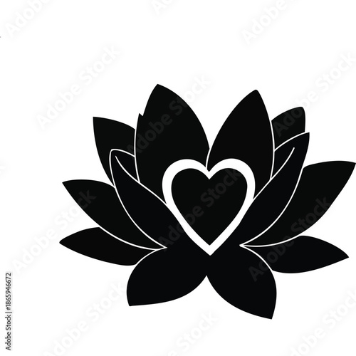 Black Lotus Flower with Heart Shape Symbolizing Love, Purity, and Spiritual Growth in Minimalist Modern Design