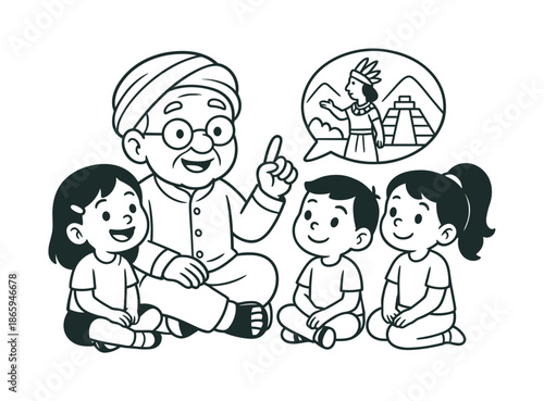 Storytime Coloring Fun. Storytelling time children?s coloring book illustration, outlined drawing, a grandparent sharing a cultural story with children around