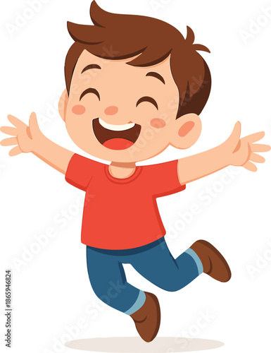 Joyful Boy's Leap: A gleeful young boy, full of energy and exuberance, leaps into the air with arms outstretched, radiating pure joy and unbridled happiness.
