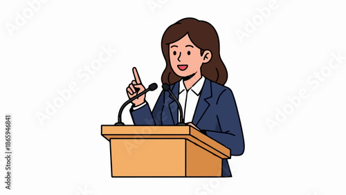 Woman in suit speaks passionately from podium with microphones