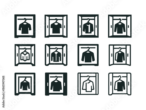 Open Closet Icons. Open closet. Icon set. Set Logo of Open closet: hanging clothes inside closet. harmonious logo variations of the same emblematic concept,