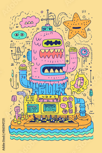 Colorful Cartoon Submarine with Underwater Elements