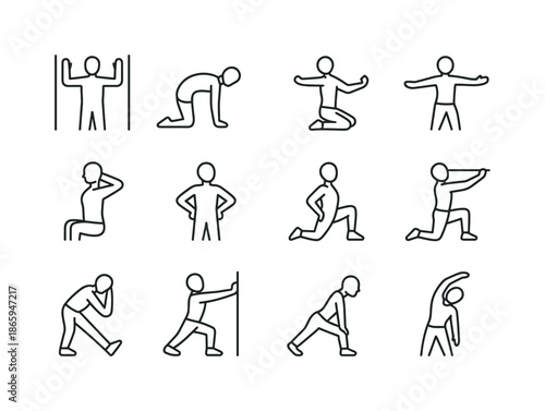 Posture Exercise Icons. Posture exercises. Line icon set of posture exercises: wall angels, cat-cow stretch, chest stretch, thoracic extension, scapular