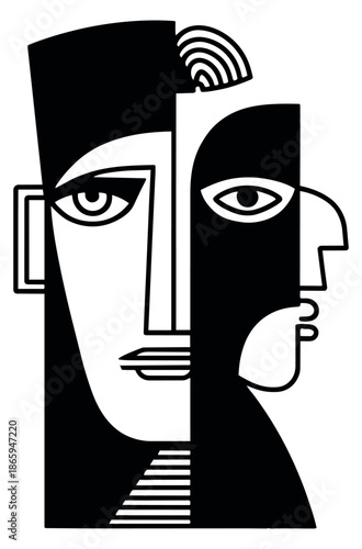 Modern cubist line art illustration of two abstract faces depicting duality and artistic expression for art and cultural concepts