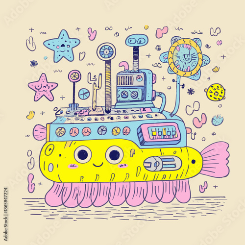 Colorful Cartoon Submarine with Underwater Elements