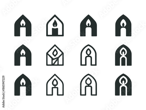 Catholic Charities Icon Grid. Catholic charities. Icon set. Set Logo of Catholic charities: candle of faith. harmonious logo variations of the same emblematic