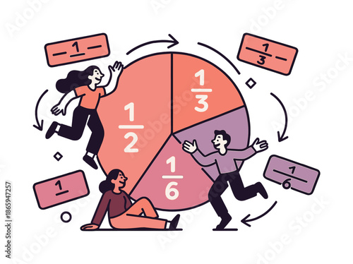 Colorful Fraction Circle. Dividing a circle into fractions. A big circle is split into colorful sectors labeled /, /, /, with small characters standing on each