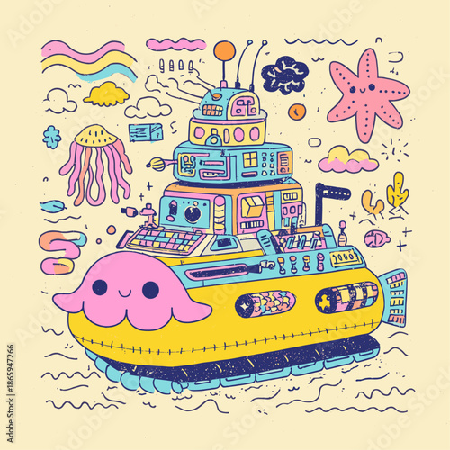 Colorful Cartoon Submarine with Underwater Elements