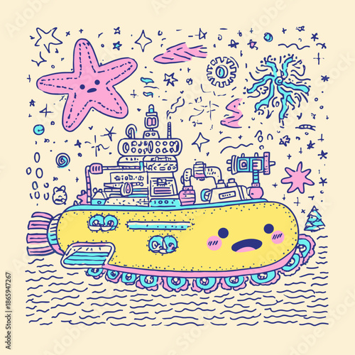 Colorful Cartoon Submarine with Underwater Elements