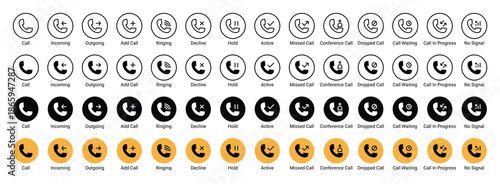 Phone Call Interface Icon Set for Mobile App and UI Design | Universal Telephony Symbols for Communication and Contact Centers | Minimalist Call Status Icons Bundle in Solid and Outline Styles