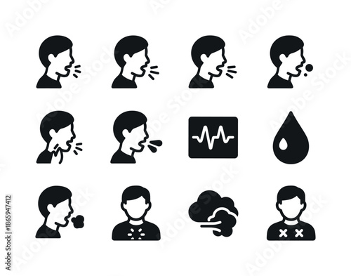 Cough Icon Set. Cough types. Solid icon set of Cough types: dry cough, wet cough, cough burst, chest pressure, throat tickle, coughing figure, wheeze wave,