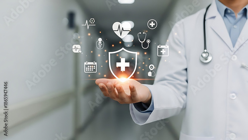 Doctor holding digital healthcare icons representing medical protection technology and patient safety in a hospital corridor