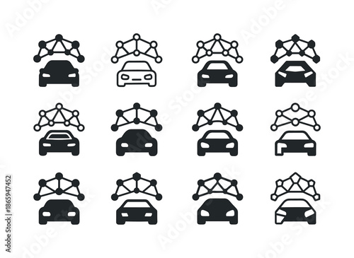 Intelligent Transport Icon Set. Intelligent transportation networks. Icon set. Set Logo of Intelligent transportation networks: autonomous car