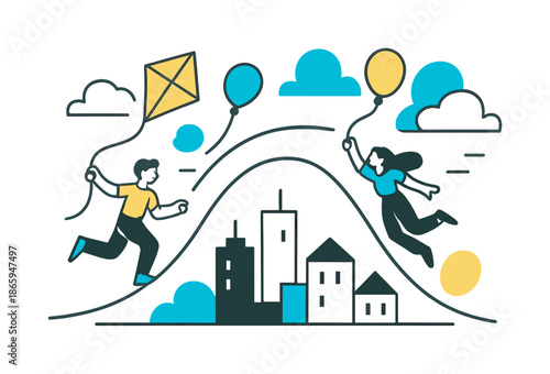 Airborne Cityscape Design. Airborne City. Minimal buildings sit beneath large sweeping wind arcs that lift kites and balloons into the sky. Clean geometric