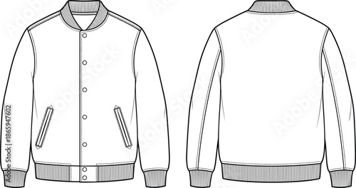 Ribbed collar jacket technical sketch, front and back view, fashion flat drawing, welt pocket, button-up design, flat vector illustration