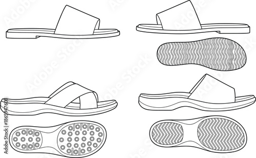 Sandal design technical sketch set, sole grip variation, strap configuration blueprint, ergonomic footwear illustration, black and white vector