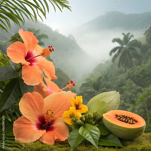 Hibiscus flowers and papayas in tropical rain, vivid clarity, beautiful background