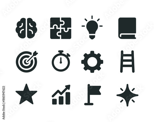 Mind Training Icons. Mind training. Solid icon set of mind training: brain, puzzle, light bulb, book, target, stopwatch, gear, ladder, star, chart, flag,