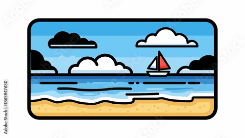 Stylized illustration of a sailboat on a blue ocean with a sandy beach and clouds