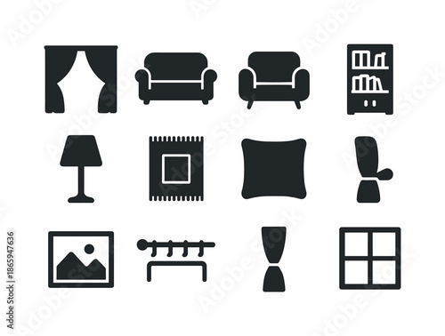 Living Room Essentials Icons. Living room decor. Solid icon set of living room decor: curtain, sofa, armchair, coffee table, lamp, rug, cushion, bookshelf,