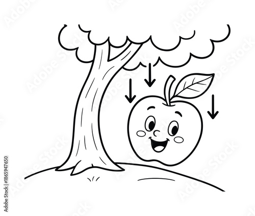 Falling Apple Coloring Page. Falling apple children?s coloring book illustration, outlined drawing, cheerful apple falling from a tree with gravity arrows,