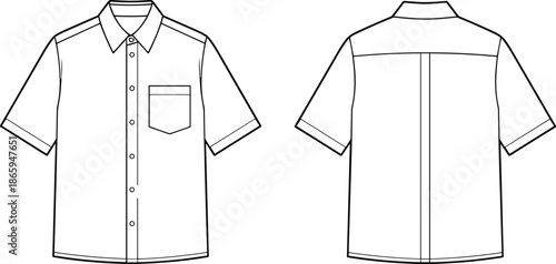 Short sleeve shirt technical sketch, front and back view, fashion flat drawing, chest pocket, yoke detail, apparel design template, flat vector illustration