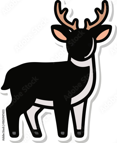Stylized black deer with white accents and brown antlers, stands with legs