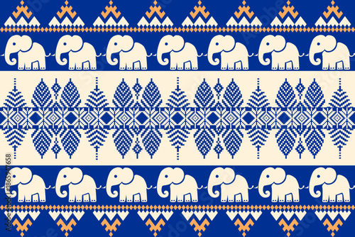 Seamless ethnic elephant pattern inspired by traditional Asian textile art, geometric pixel motifs in blue tones, decorative ornamental design suitable for fabric, wallpaper, background.