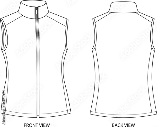 Sleeveless vest technical sketch, high collar, front zipper, curved seams, fashion design, flat vector illustration