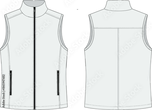 Sleeveless vest technical sketch, front and back view, fashion flat drawing, zip pocket, high collar, flat vector illustration