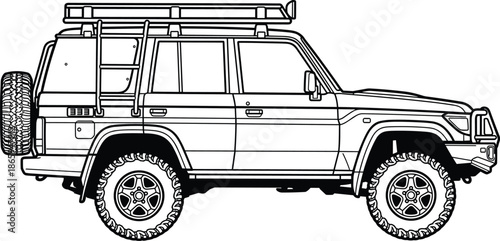 Off-road SUV line drawing illustration, expedition vehicle sketch, rugged adventure design, black and white automotive blueprint vector